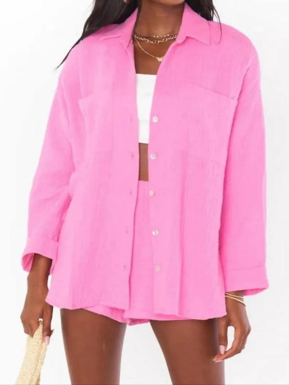 Show Me Your MuMu Weekday Button Up Bubblegum Gauze Pink Large NWT